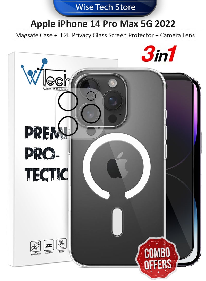 دبليو تيك هاتف آيفون 14 برو ماكس 5G من آبل 2022، حزمة حماية 3 في 1، جراب شفاف مقاوم للصدمات مع ماجسيف، واقي شاشة زجاجي خصوصية شامل، وواقي عدسة الكاميرا بحماية 360، سهولة التثبيت - شفاف/أسود - Image 1