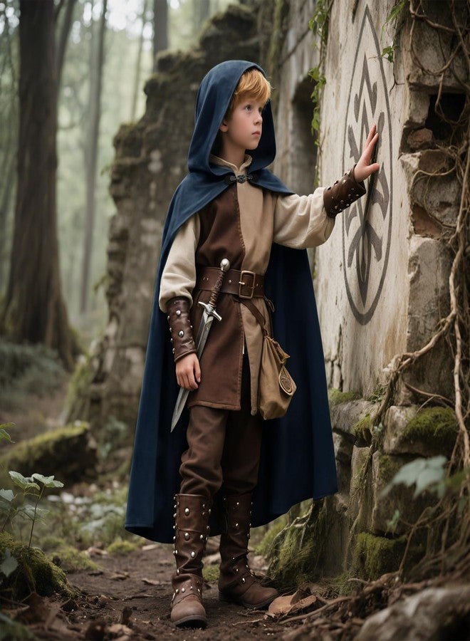 VZQI Hooded Cape for Kids Renaissance Cloak Boys Medieval Halloween Witch Costume Wizard Cape Blue 3'11''-4'7'' - Image 4