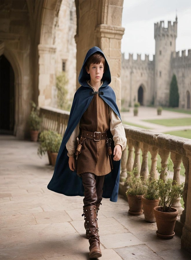 VZQI Hooded Cape for Kids Renaissance Cloak Boys Medieval Halloween Witch Costume Wizard Cape Blue 3'11''-4'7'' - Image 2
