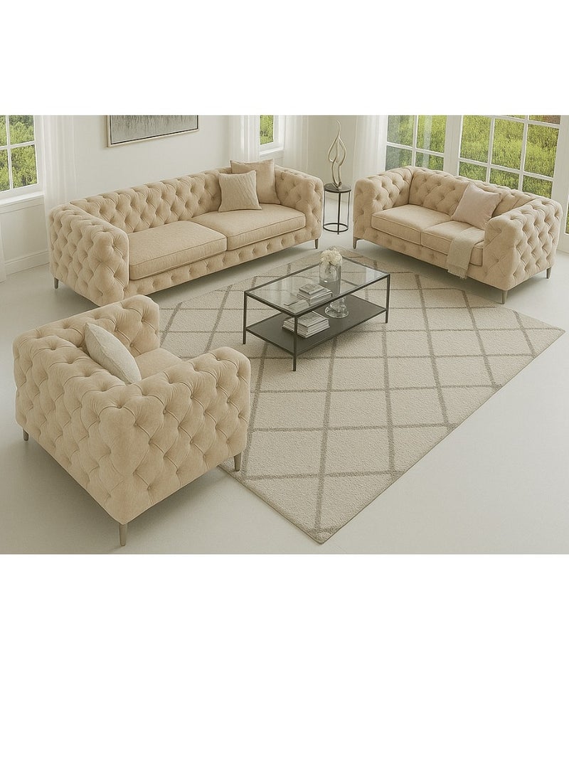 مهارة البحر طقم كنب تشيسترفيلد فاخر من مهارات للأثاث – طقم جلوس مكون من 3 قطع من المخمل الكريمي الفاخر مع كرسي بذراعين وكنبة صغيرة وكنبة كبيرة – تصميم أنيق بأرجل معدنية عصرية - Image 1