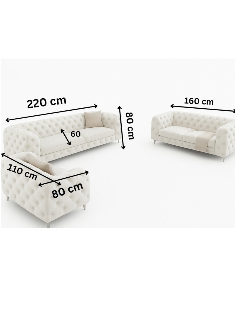 مهارة البحر طقم كنب تشيسترفيلد فاخر من مهارات للأثاث – طقم جلوس مكون من 3 قطع من المخمل الكريمي الفاخر مع كرسي بذراعين وكنبة صغيرة وكنبة كبيرة – تصميم أنيق بأرجل معدنية عصرية - Image 2