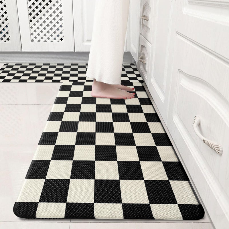 VivaNest Beige Black Checkered Grid Checkerboard Kitchen Rug Sets [2 PCs], Anti-Fatigue, Waterproof Non-Slip Kitchen Mats Heavy Duty Comfort Foam Rug for Kitchen, Floor, Laundry,17"x29"+17"x47" - Image 1
