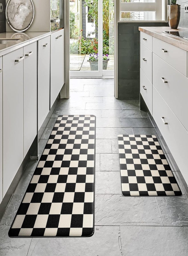 VivaNest Beige Black Checkered Grid Checkerboard Kitchen Rug Sets [2 PCs], Anti-Fatigue, Waterproof Non-Slip Kitchen Mats Heavy Duty Comfort Foam Rug for Kitchen, Floor, Laundry,17"x29"+17"x47" - Image 2