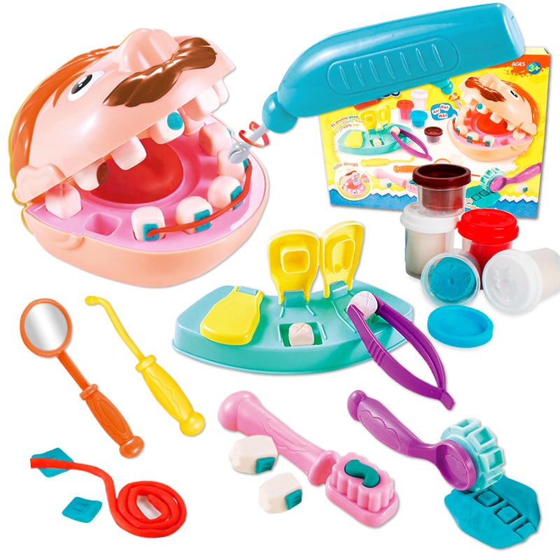 Crelloci Dentist Color Dough Set Dental Tools Kit Drill and Fill Doctor DIY Playset Toys for Kids Toddlers 3 Years and Up Art Craft Gift with Moulds Models 5 NonToxic Color - Image 4