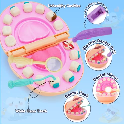 Crelloci Dentist Color Dough Set Dental Tools Kit Drill and Fill Doctor DIY Playset Toys for Kids Toddlers 3 Years and Up Art Craft Gift with Moulds Models 5 NonToxic Color - Image 5