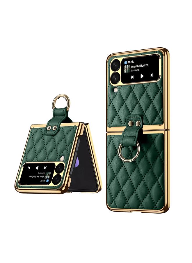 اس-توب جراب لهاتف Samsung Galaxy Z Flip4 مصنوع من الجلد الطبيعي بتصميم شبكي ماسي مع حلقة - Image 1