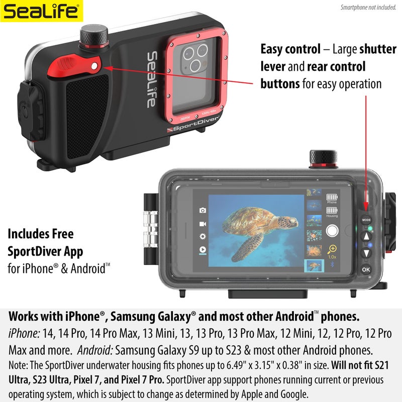 SeaLife Underwater Smartphone Scuba Case & Sea Dragon 2500 Lumen Light, Waterproof Photography, Access Camera Controls, Leak Alarms, Fits Most Phones - Image 2