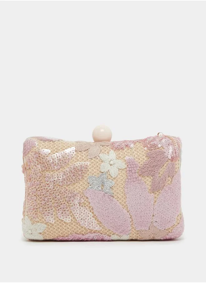 Styli Embellished Sequined Clutch with Chain Strap