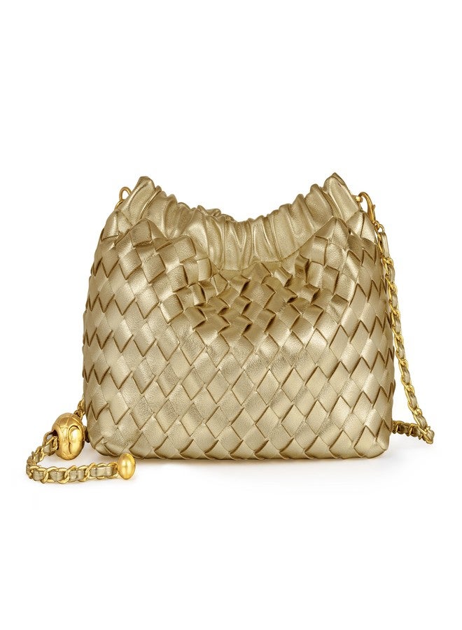 Joryin Woven Women's Crossbody Bag & Evening Purse, Trendy Dumpling Clutch & Hobo Cloud Shoulder Bag Trendy Dumpling Clutch Vegan Leather, Champagne Gold - Image 1