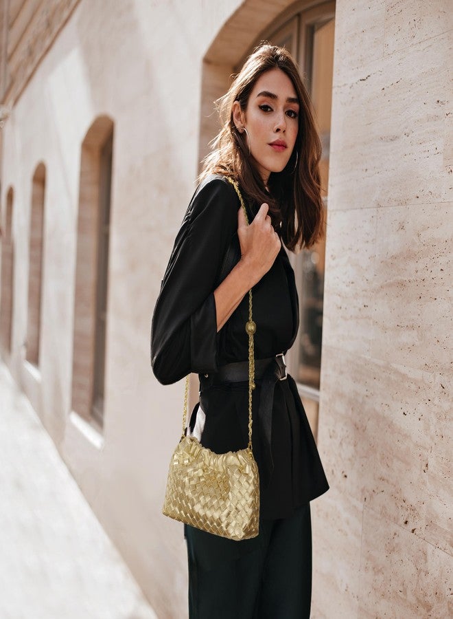 Joryin Woven Women's Crossbody Bag & Evening Purse, Trendy Dumpling Clutch & Hobo Cloud Shoulder Bag Trendy Dumpling Clutch Vegan Leather, Champagne Gold - Image 2