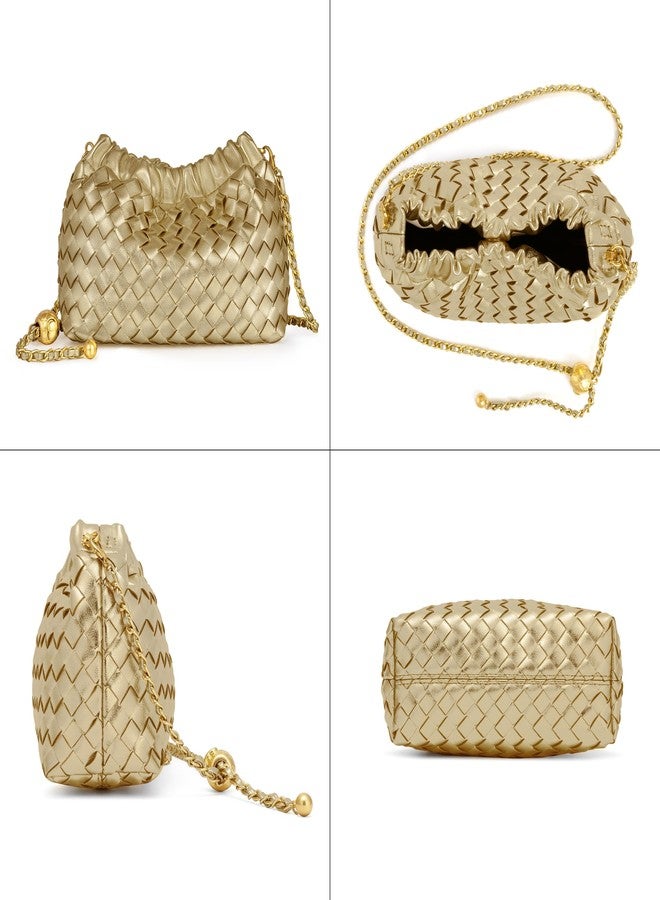 Joryin Woven Women's Crossbody Bag & Evening Purse, Trendy Dumpling Clutch & Hobo Cloud Shoulder Bag Trendy Dumpling Clutch Vegan Leather, Champagne Gold - Image 4