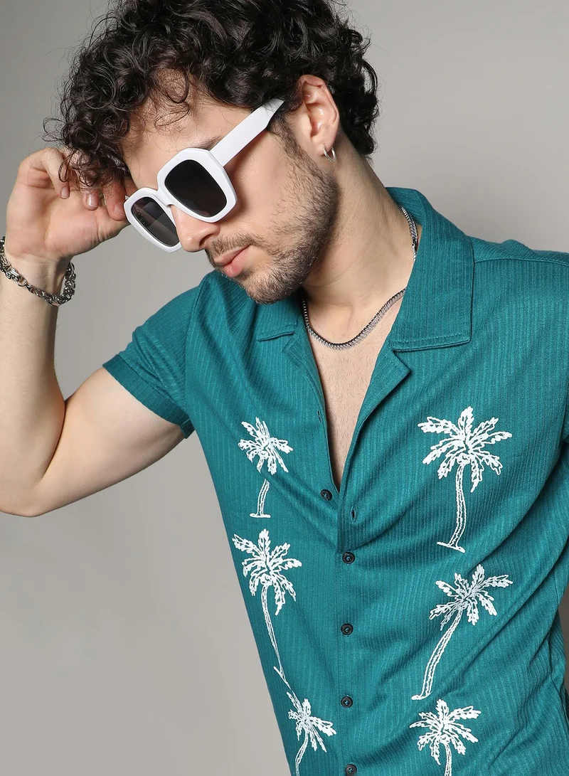Campus Sutra Men's Teal Blue Palm Tree Knit Shirt