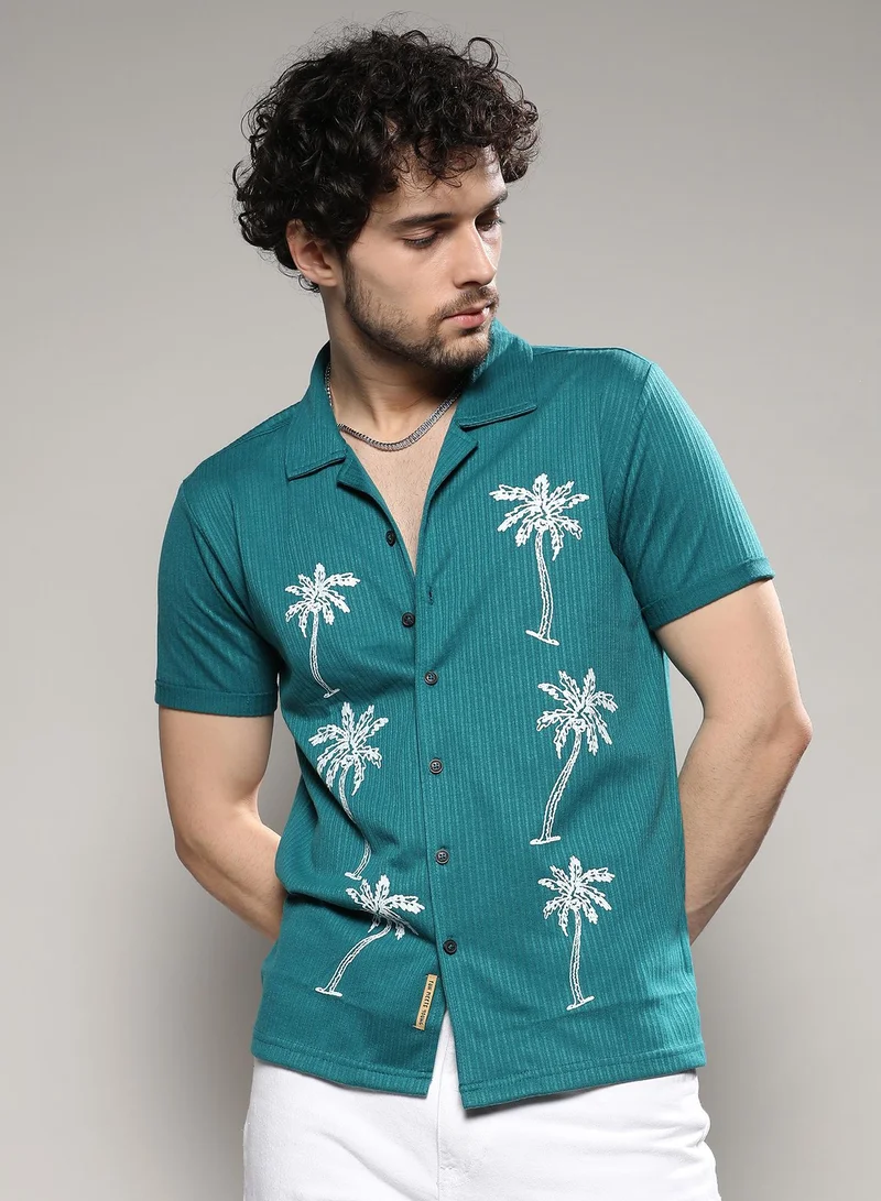 Campus Sutra Men's Teal Blue Palm Tree Knit Shirt