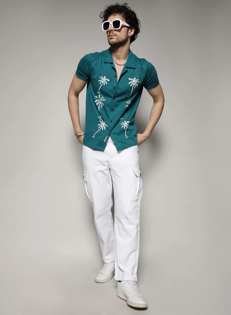 Campus Sutra Men's Teal Blue Palm Tree Knit Shirt