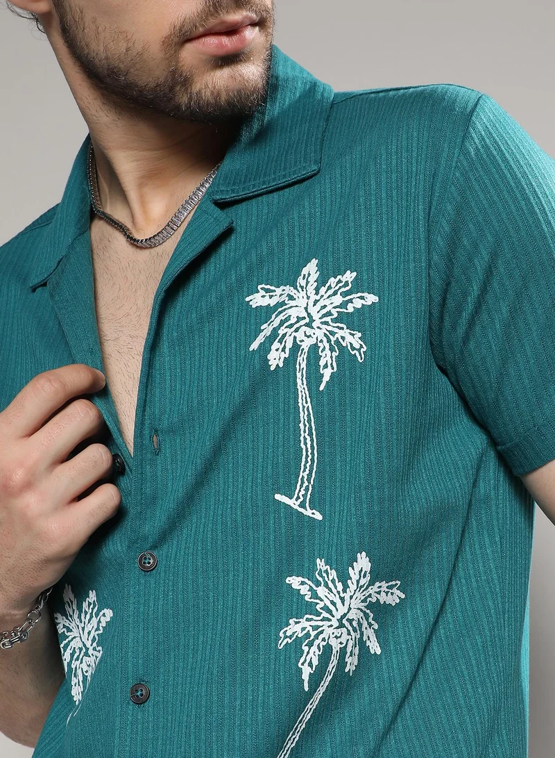 Campus Sutra Men's Teal Blue Palm Tree Knit Shirt