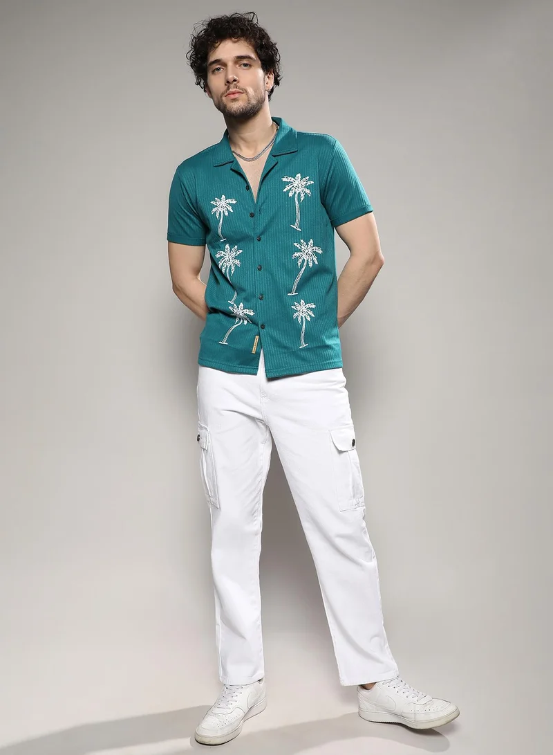 Campus Sutra Men's Teal Blue Palm Tree Knit Shirt