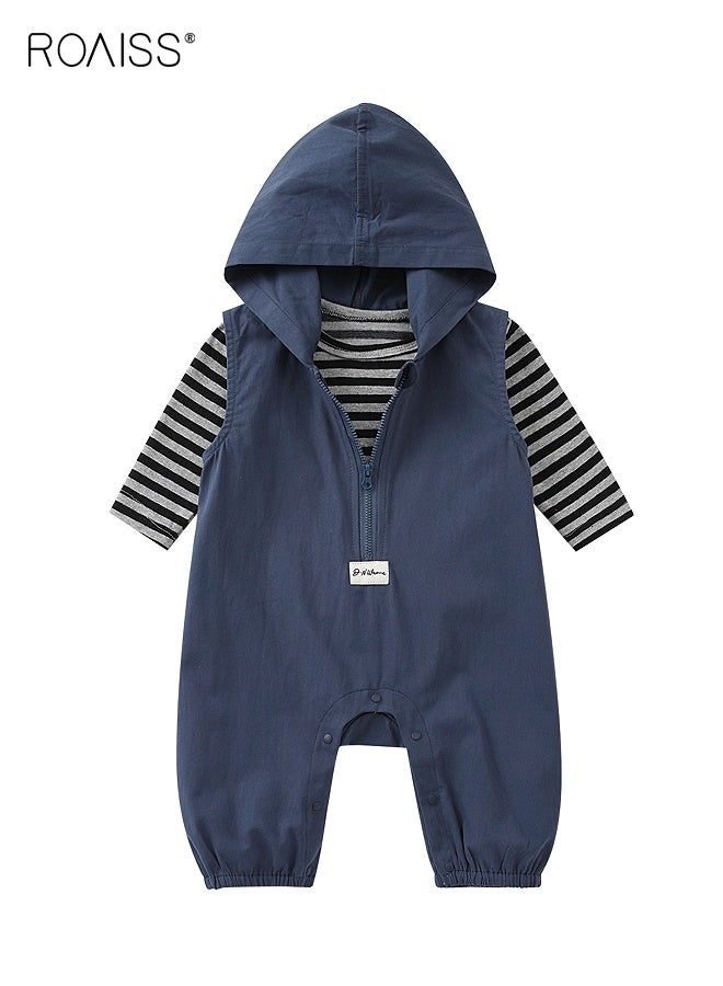 roaiss Baby Boys T-shirt and Overalls Set, Stylish Spring and Autumn Outfit with Long Sleeve Striped Top and Hooded Suspender Trousers, 2 Piece Comortable Clothing Set for Baby Boys - Image 1