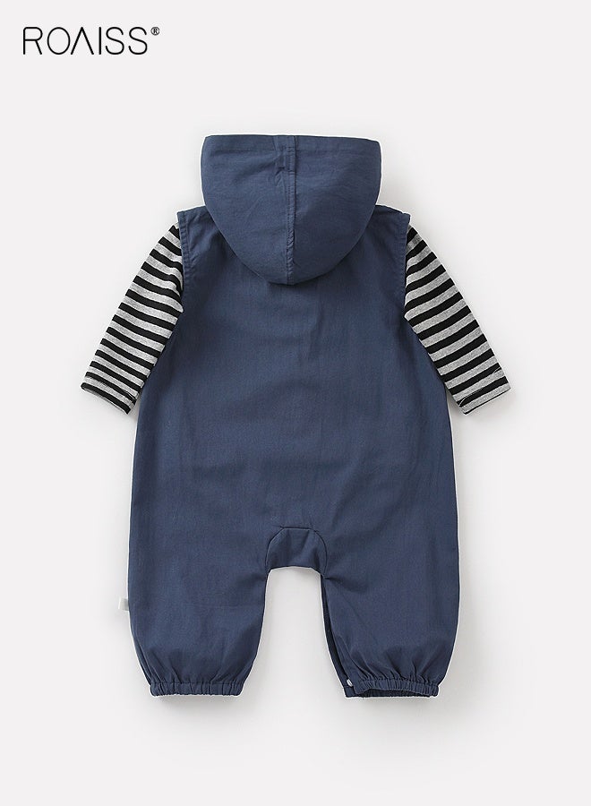 roaiss Baby Boys T-shirt and Overalls Set, Stylish Spring and Autumn Outfit with Long Sleeve Striped Top and Hooded Suspender Trousers, 2 Piece Comortable Clothing Set for Baby Boys - Image 2