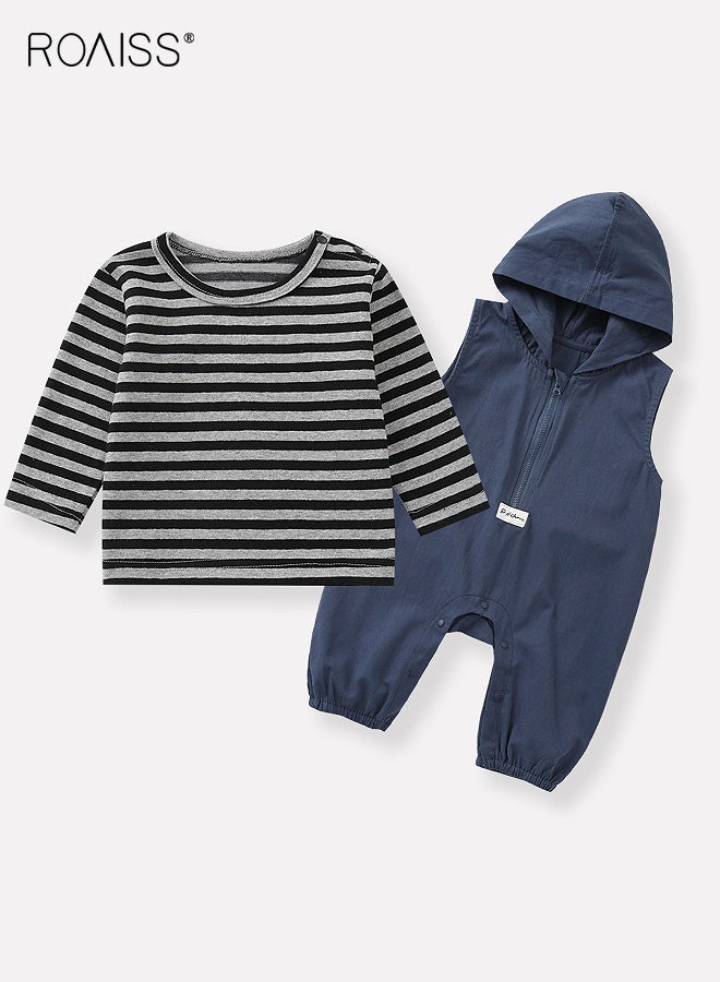 roaiss Baby Boys T-shirt and Overalls Set, Stylish Spring and Autumn Outfit with Long Sleeve Striped Top and Hooded Suspender Trousers, 2 Piece Comortable Clothing Set for Baby Boys - Image 3
