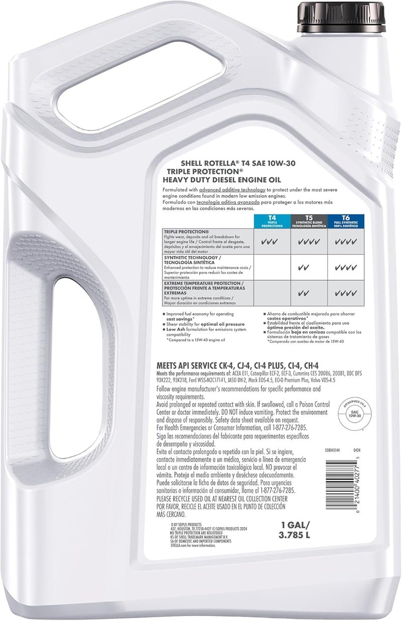Shell Rotella T4 Triple Protection 10W-30 Diesel Engine Oil - 3 Pack - Image 2