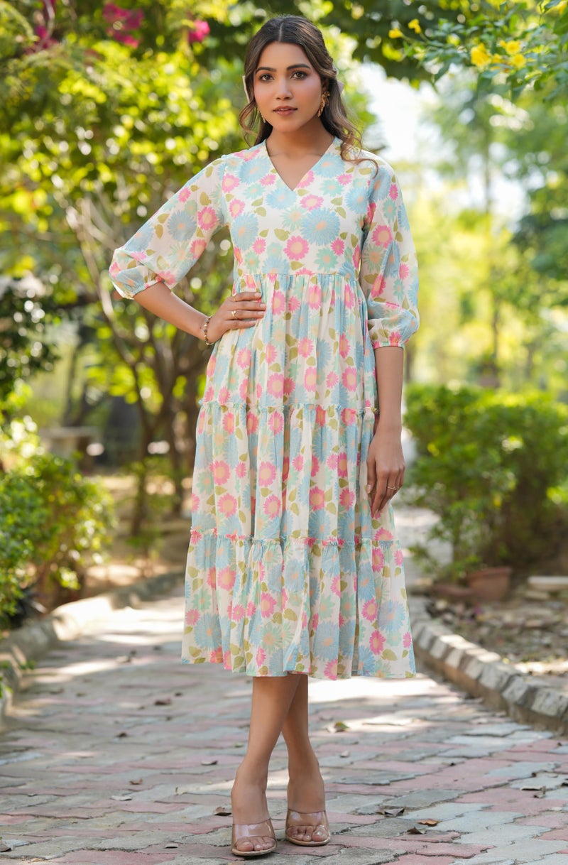 Janasya Women's Cream Georgette Floral Printed Tiered Dress (JAA25DR01662-2XL) - Image 3