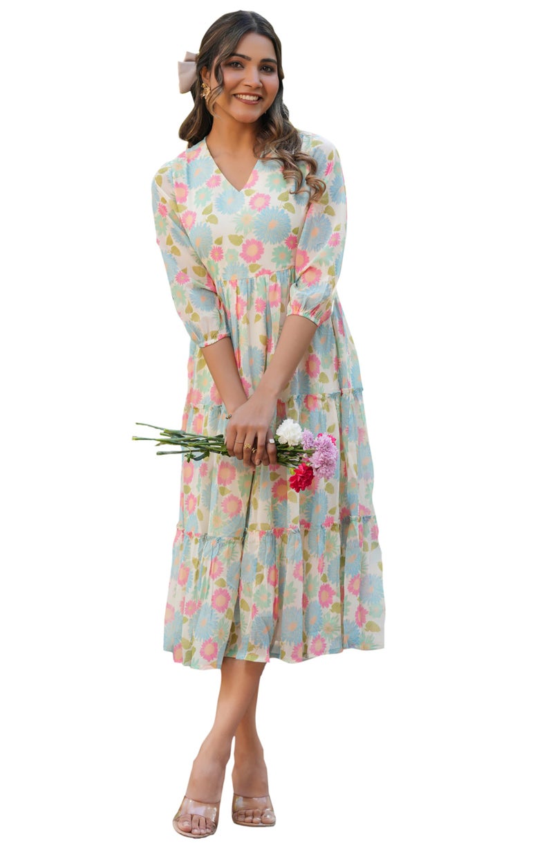 Janasya Women's Cream Georgette Floral Printed Tiered Dress (JAA25DR01662-2XL) - Image 1