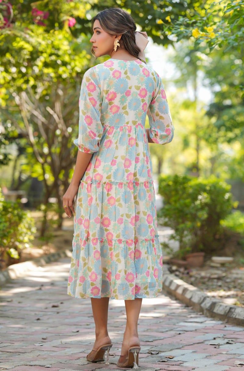 Janasya Women's Cream Georgette Floral Printed Tiered Dress (JAA25DR01662-2XL) - Image 4