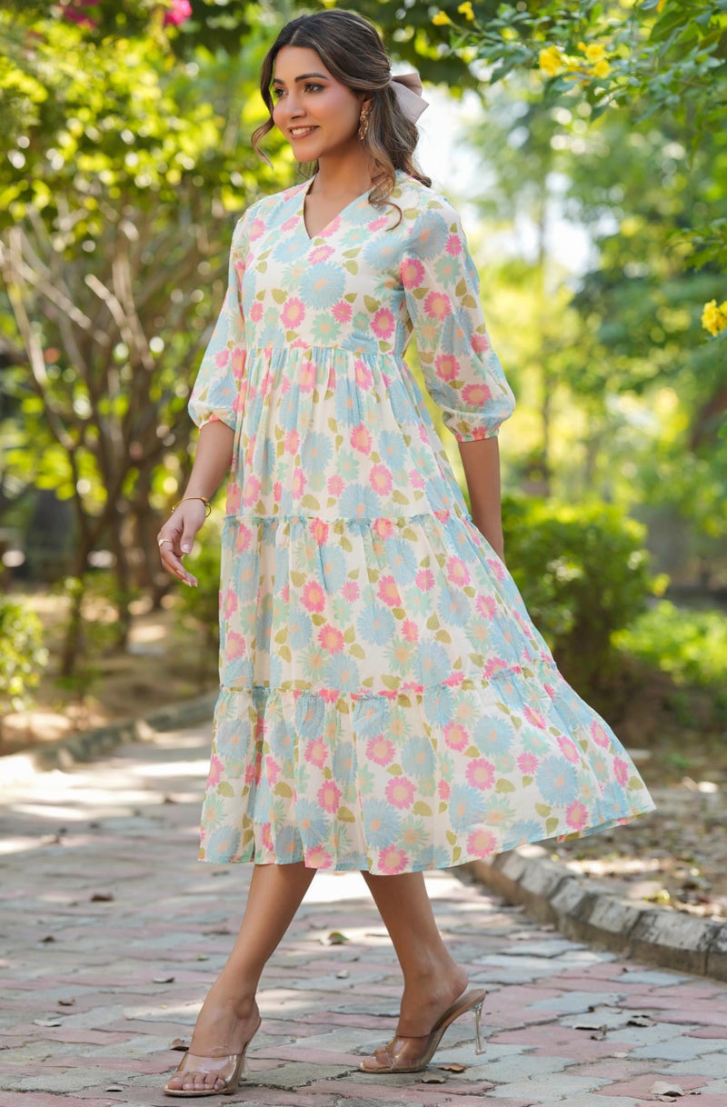 Janasya Women's Cream Georgette Floral Printed Tiered Dress (JAA25DR01662-2XL) - Image 5