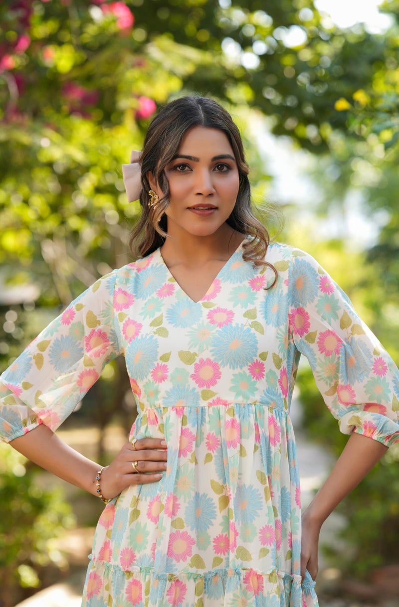 Janasya Women's Cream Georgette Floral Printed Tiered Dress (JAA25DR01662-2XL) - Image 2
