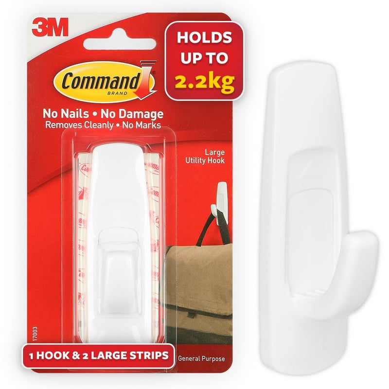 Command 3M Large Utility Wall Hooks, holds 2.2kg, Damage free, Heavy Duty, Holds Strongly, Reusable, Adhesive hooks for wall, Multi-surface, hooks for hanging (White, 1 hook, 2 strips), Plastic - Image 1