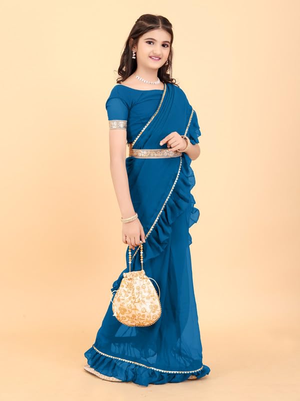 Xavima Kids Solid/Plain Georgette Belt Ready to Wear Saree With Unstitched Blouse Piece- Teal_Size : 6-7 Y - Image 4