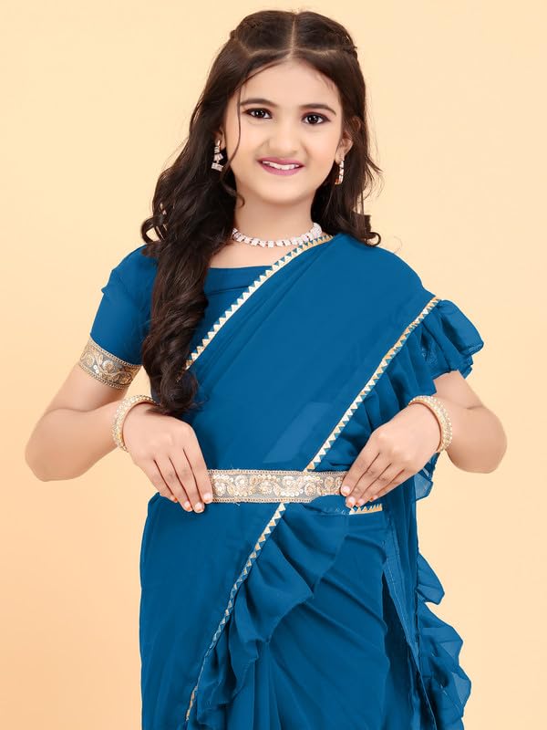 Xavima Kids Solid/Plain Georgette Belt Ready to Wear Saree With Unstitched Blouse Piece- Teal_Size : 6-7 Y - Image 2