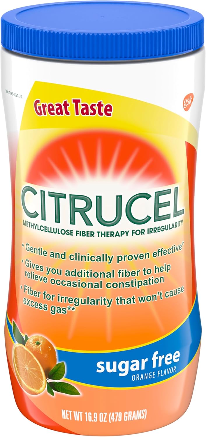 CITRUCEL مسحوق ألياف سيتروسيل خالي من السكر لتخفيف الإمساك العرضي، مسحوق ألياف ميثيل السليلوز، بنكهة البرتقال - 16.9 أونصة