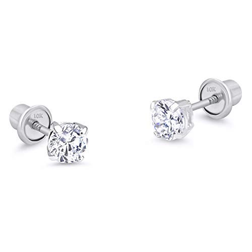 Lovearing 10k White Gold 3mm Basket Round CZ Cubic Zirconia Solitaire Children Screw Back Baby Girls Earrings - Image 1