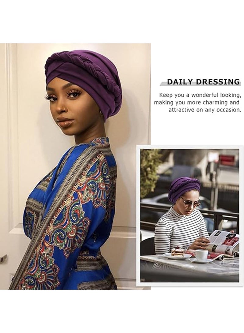Women's Pre-Tied Turban Head Wrap, 2-Pack, Braided Elastic, Purple & Black - Image 3