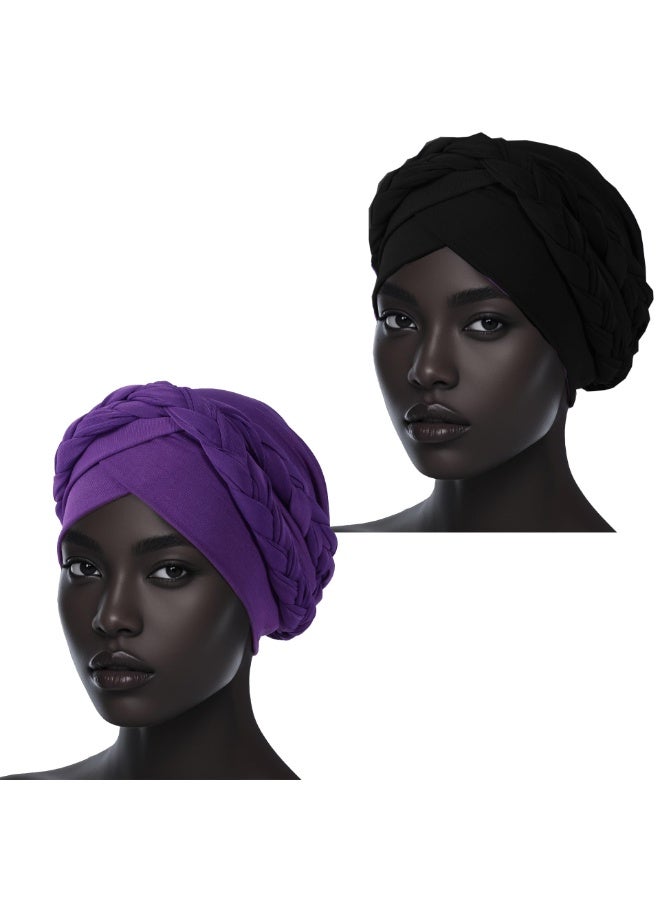Women's Pre-Tied Turban Head Wrap, 2-Pack, Braided Elastic, Purple & Black - Image 5