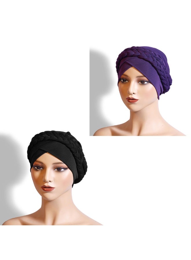 Women's Pre-Tied Turban Head Wrap, 2-Pack, Braided Elastic, Purple & Black - Image 4