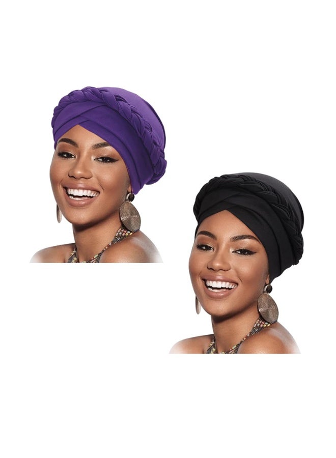 Women's Pre-Tied Turban Head Wrap, 2-Pack, Braided Elastic, Purple & Black - Image 1