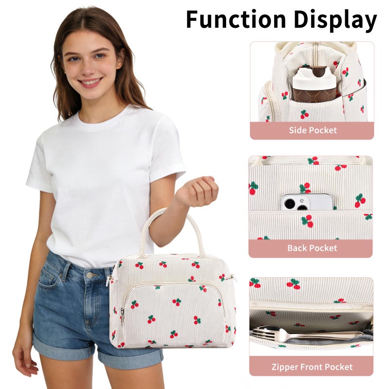 GASSDA Lunch Box for Women Insulated Lunch Bag Women Adult Cute Lunch Bags Reusable Lunchbox Cooler Tote Bag for Work Picnic (Beige-Cherry) - Image 4
