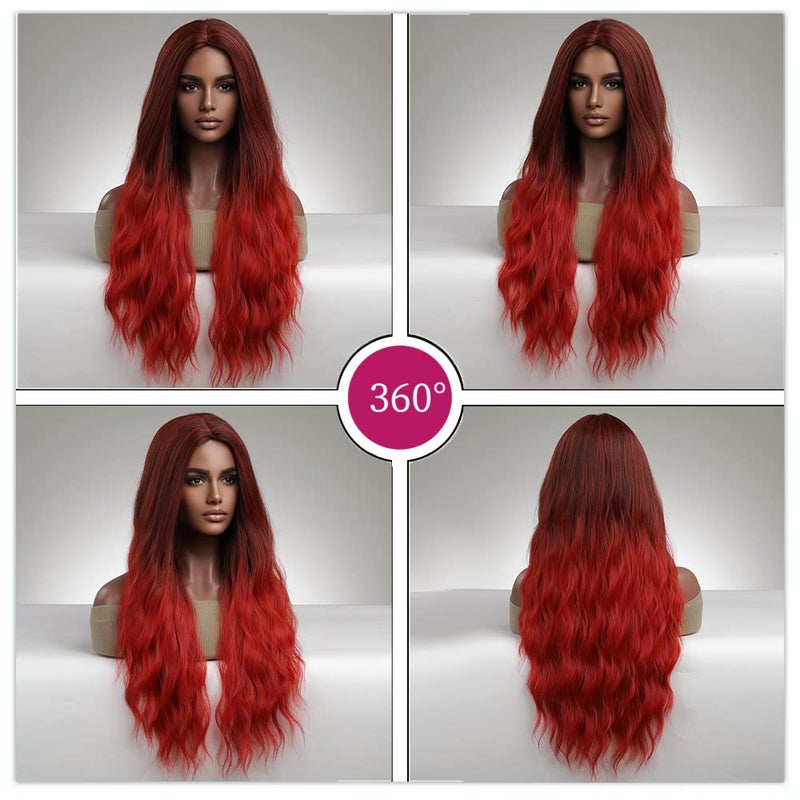 Esmee Ombre Red Long Wavy Wigs for Women Synthetic Hair Heat Resistant Wig for Daily Party Cosplay Use-28 Inches - Image 5