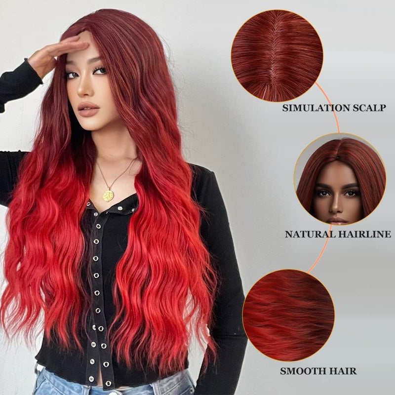 Esmee Ombre Red Long Wavy Wigs for Women Synthetic Hair Heat Resistant Wig for Daily Party Cosplay Use-28 Inches - Image 3