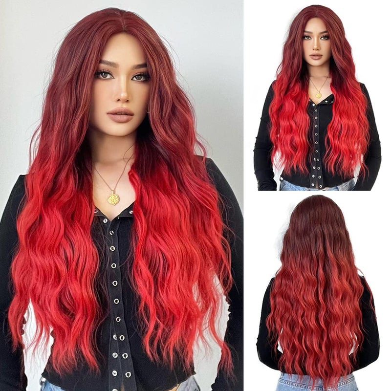Esmee Ombre Red Long Wavy Wigs for Women Synthetic Hair Heat Resistant Wig for Daily Party Cosplay Use-28 Inches - Image 1