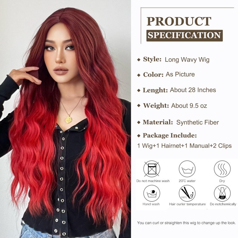Esmee Ombre Red Long Wavy Wigs for Women Synthetic Hair Heat Resistant Wig for Daily Party Cosplay Use-28 Inches - Image 2