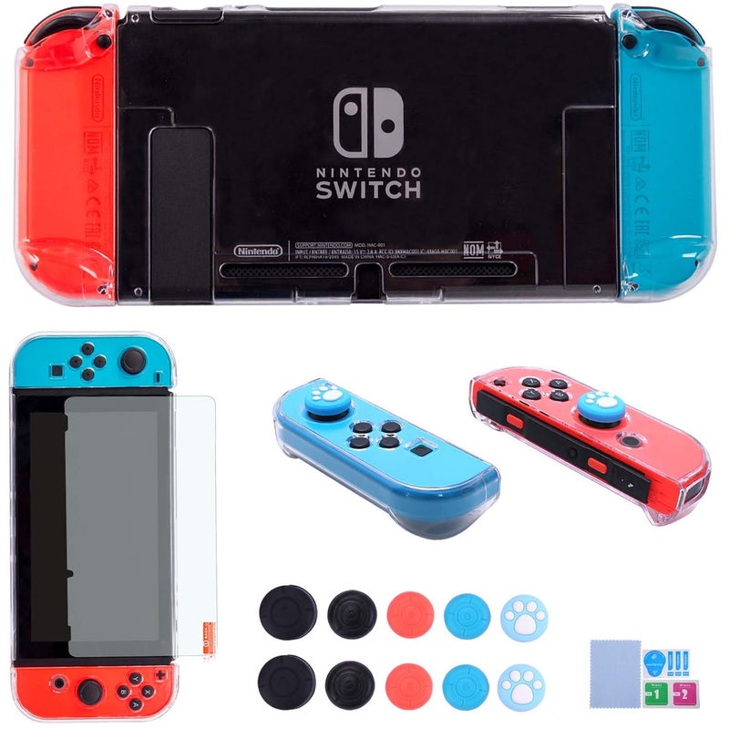 COMCOOL Clear Dockable Case for Nintendo Switch - Crystal 3 in 1 Protective Cover Shell for Nintendo Switch with Screen Protector and Thumb grips - Clear - Image 1