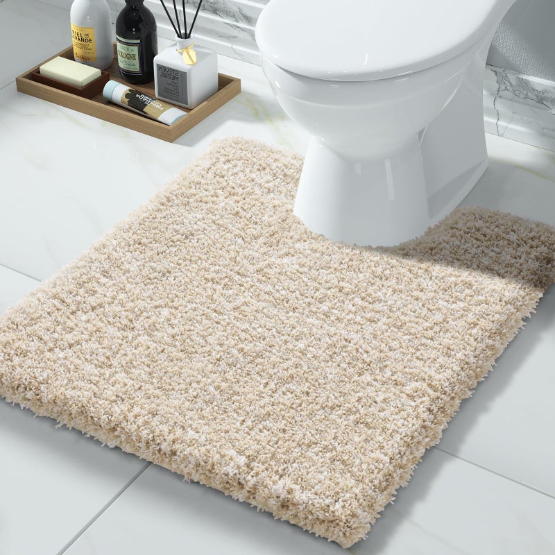 Yimobra Toilet Rugs U Shaped 24x20  Ultra Soft and Water Absorbent Bath Mats  Non Slip Fluffy Luxury Microfiber Contour Bath Rugs for Toilet  Dry Quick  Machine Washable  Light Beige and White - Image 1