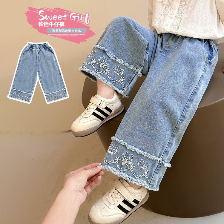 Children'S Pants Spring Girls' Jeans Girls Bell Wide Leg Pants Loose Straight Leg Pants - Image 3