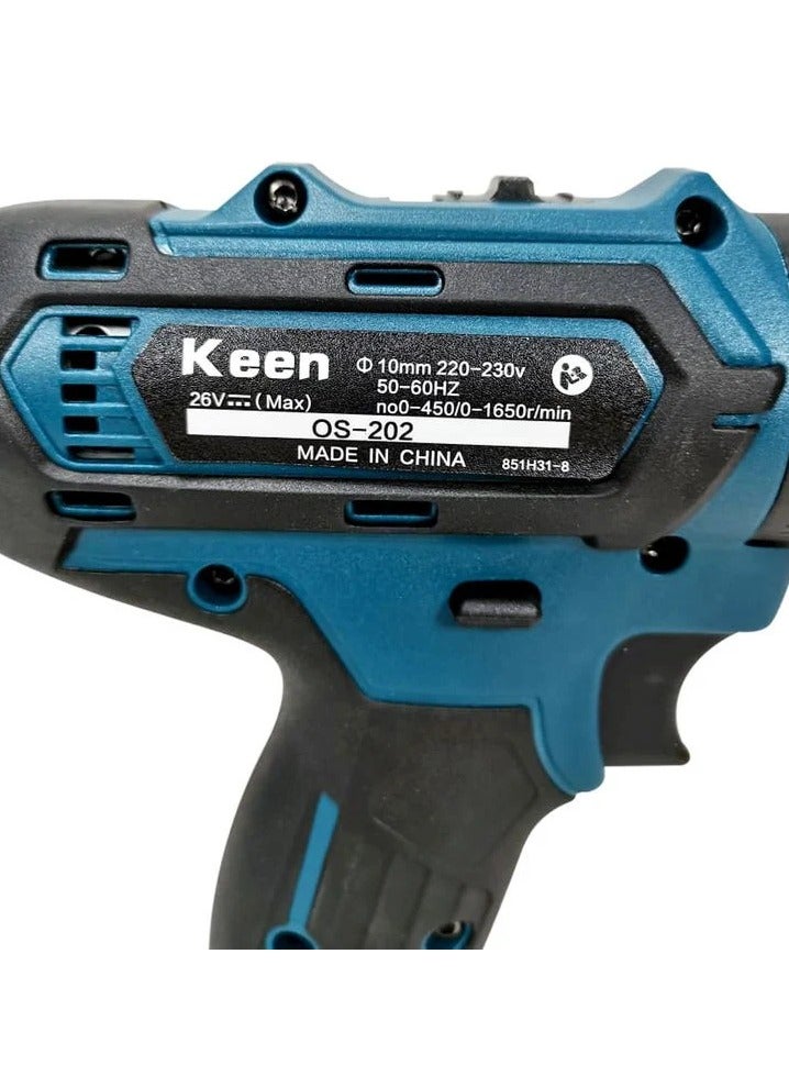 KEEN Cordless Electric Drill Premium Electric Screwdriver Set with 24 pcs Tools - 10mm 2 Li-ion Batteries. 26V/1650rpm/Min/50-60Hz KEEN OS-202