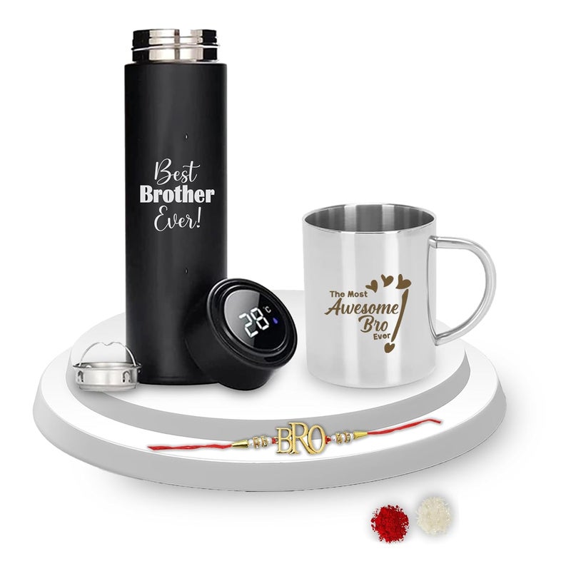 SAVRI SAVRI Rakshabandhan Gift Set Awesome Bro Quote Engraved Mug Black Bottle Best Gift for Brother Bhai BrotherinLaw on Rakhi Birthday Special Occasions Memorable Special Keepsake  - Image 1