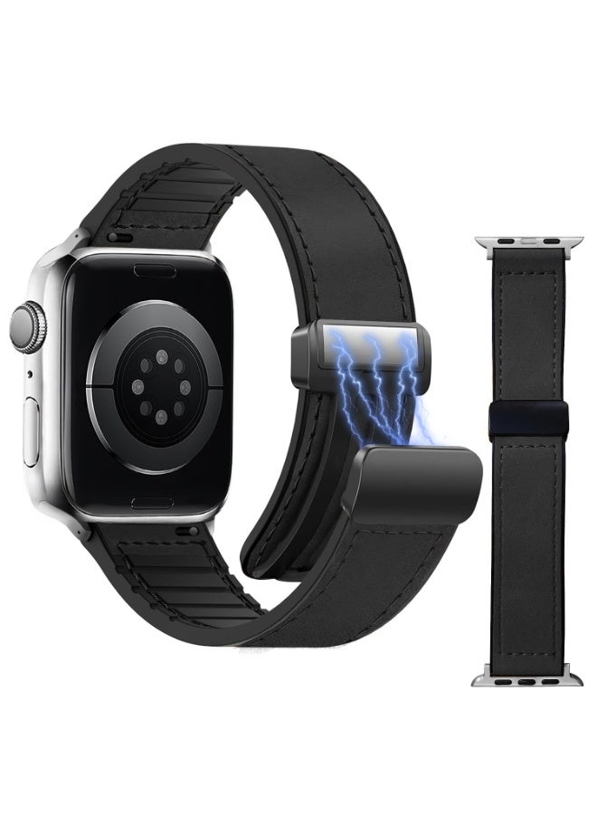 حزام جلدي متوافق مع Apple Iwatch 41mm ، 40mm ، 38mm ، حزام جلدي مقفل مغناطيسي قابل للتعديل للنساء والرجال ، مناسب لسلسلة Iwatch 10/9/8/7/6/5/4/3/2/1 / Ultra 1/2 (أسود ، 38/40/41mm) - Image 1