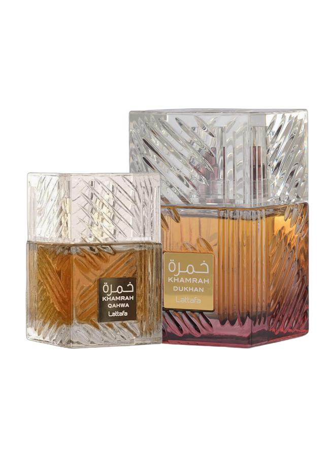 Lattafa KHAMRAH QAHWA Unisex Eau De Parfum by Lattafa 100ml & Khamrah Dukhan 100 ml Bundle - Image 1